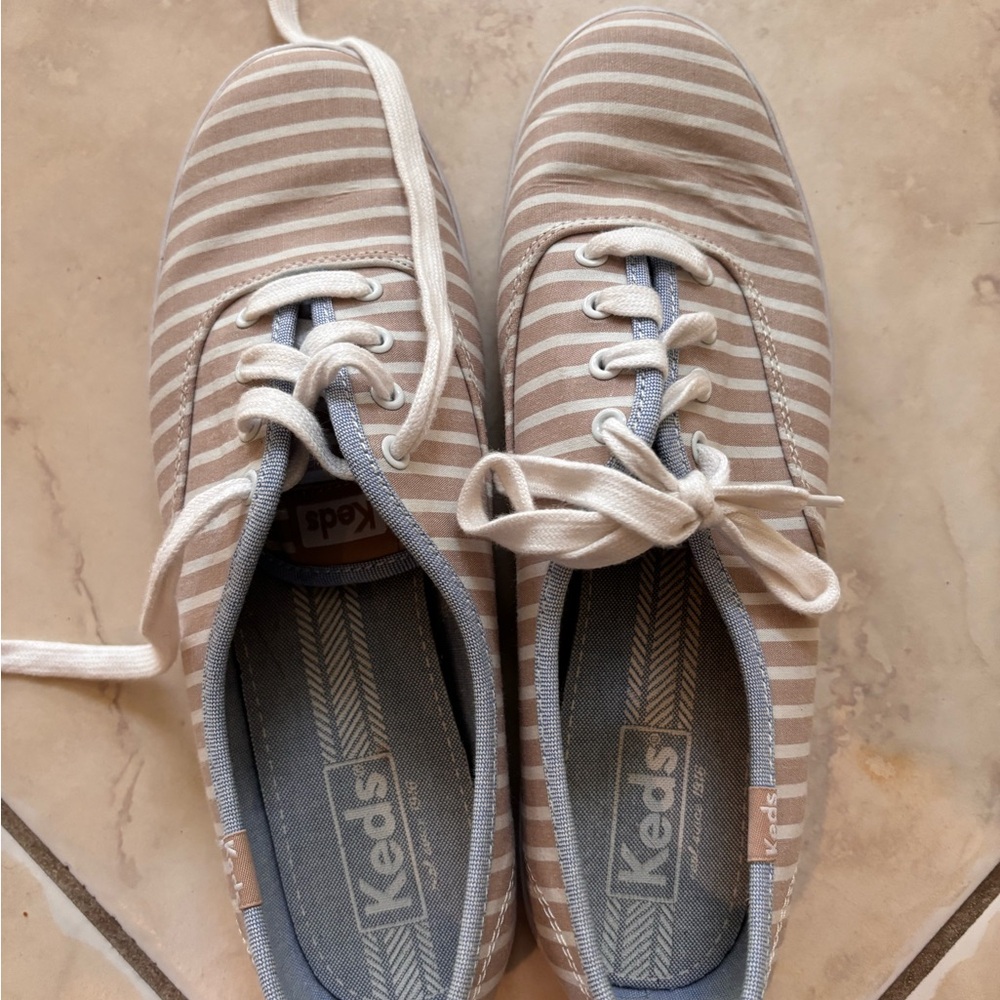 Keds Classic Tan and White Striped Tennis Shoes